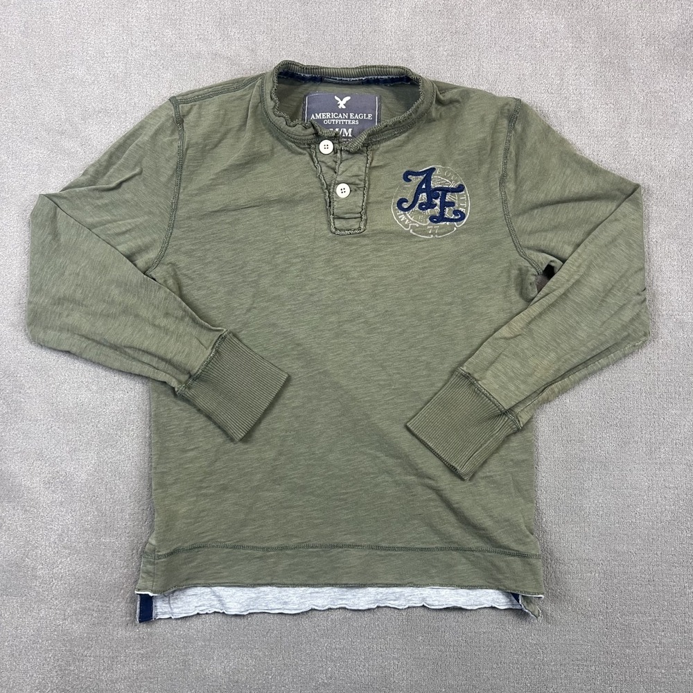 American Eagle Henley Shirt Mens Medium Olive Green Long Sleeve Slub Knit Logo